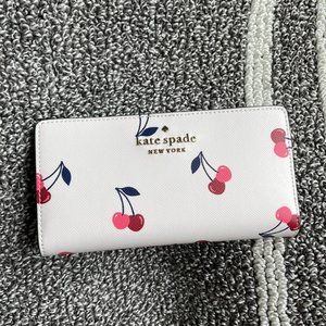 Kate Spade Staci Dancing Cherries Print Large Slim Bifold Wallet Cream Multi